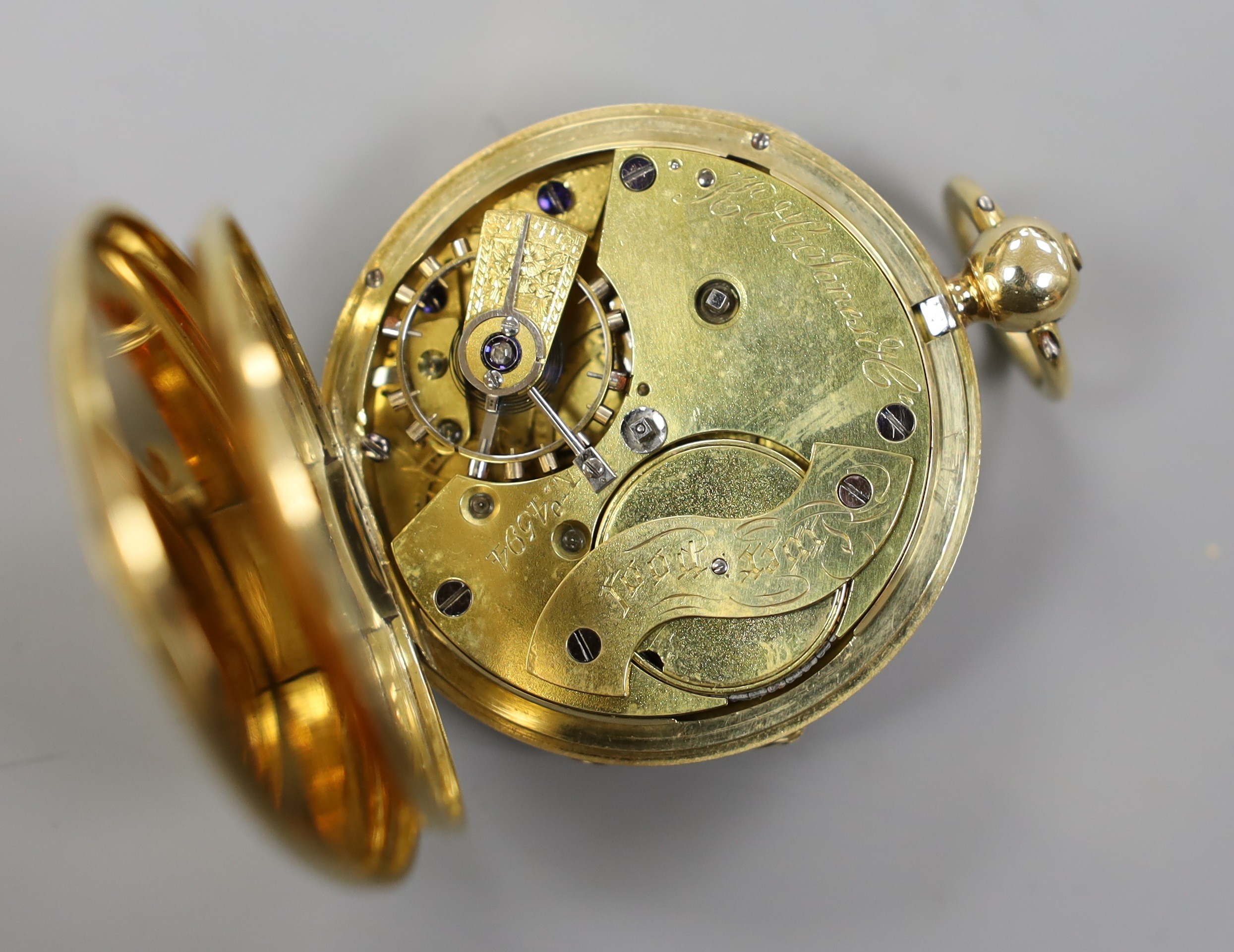 An 18ct gold open faced keywind pocket watch, by K.H. Jones, Liverpool, with Roman dial and subsidiary seconds, case diameter 46mm